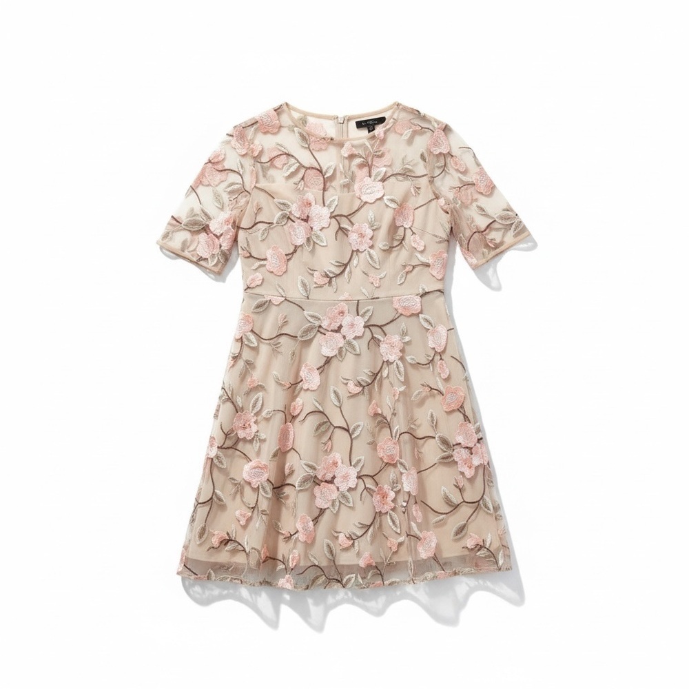 Jax cream with pink Floral Embroidered short Sleeve a line Coctail Dress size 6
